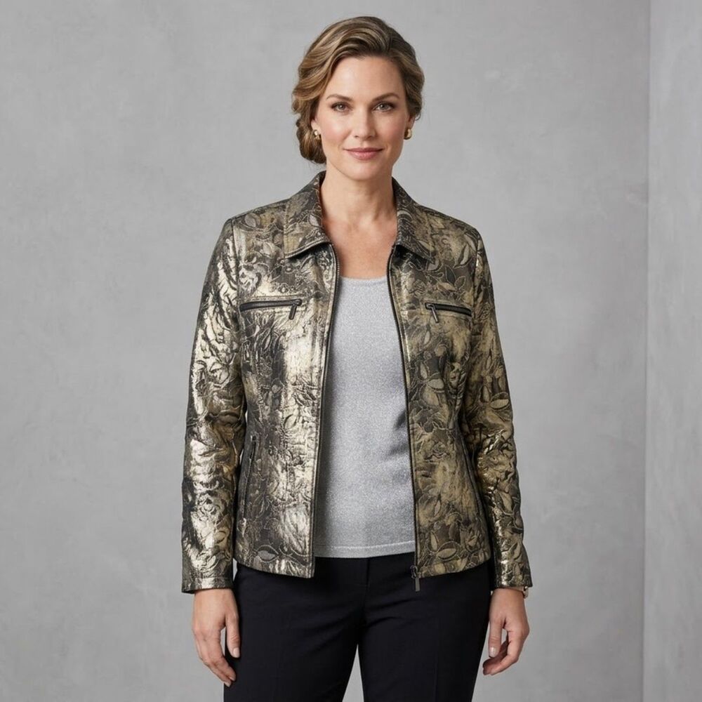Chico's Metallic Floral Jacquard Zip Jacket & Silver Tank Set